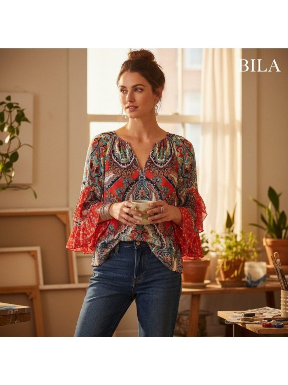 Bila Boho Paisley Top With Flowy Ruffle Sleeves Hippie-Chic Whimsigoth 70's Retr
